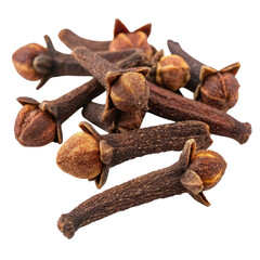 A cluster of dried cloves, showcasing their unique bulbous shapes and textured surfaces, commonly used as a spice in cooking and baking.