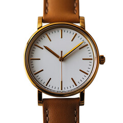 Elegant Gold Minimalist Watch with White Face and Brown Leather Strap Isolated on Transparent Background