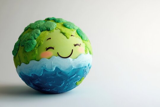 A happy Earth globe model with green landmasses and blue oceans, symbolizing environmental care and sustainability.