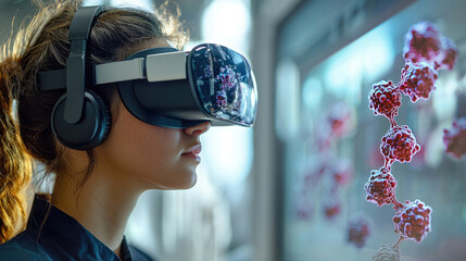 woman wearing virtual reality goggles and headphones is immersed in digital environment, exploring molecular structures displayed on screen. scene conveys sense of innovation and technology