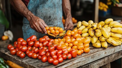 Farmer's Market Fresh Produce Colorful Tomatoes Bananas and Citrus Fruits