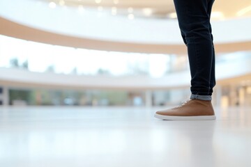Fototapeta premium person standing in modern shopping mall with blurred background bright minimalistic atmosphere with lots of copy space