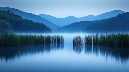 Serene lake mist with mountain view.