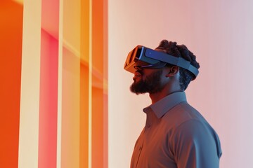 A man wearing a VR headset, experiencing immersive virtual reality against a vibrant orange backdrop.