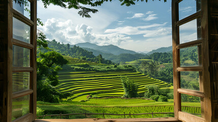Fototapeta premium Stunning view of rice terraces through open window, breathtaking landscape scenery