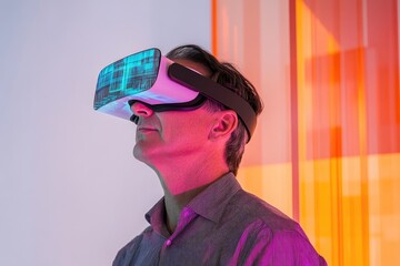 A man immersed in virtual reality, experiencing a digital world through a headset.