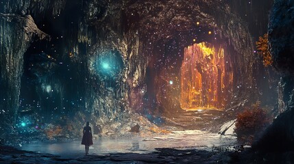 Obraz premium Woman in a Magical Cave: A Journey into Fantasy