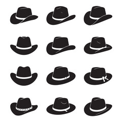  Set of Cowboy Hat Icons, Various Styles of Western Hats, Fashion and Rodeo Concept, Western Wear, Country and Cowboy Accessories