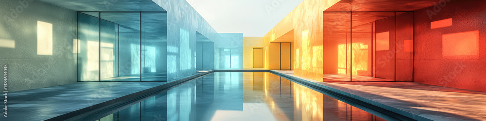 Poster vibrant architectural scene featuring colorful minimalist structures surrounding reflective pool. in