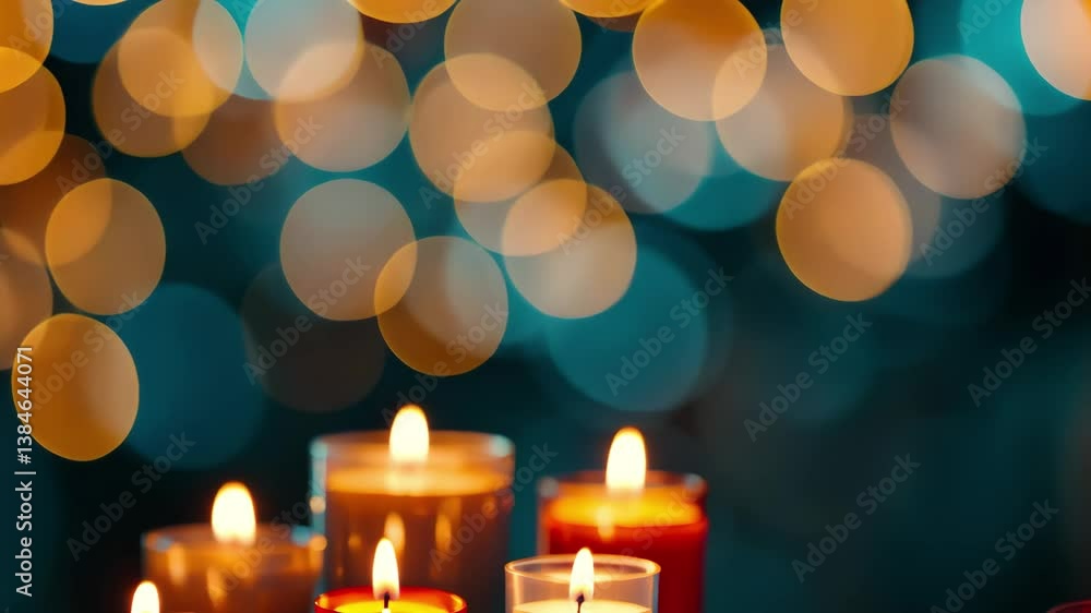 Poster atmospheric glow of burning candles creating a serene ambiance with blurred bokeh background, blurre