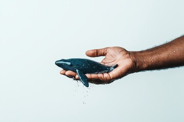 human hand submerged in water holding a mini blue whale which symbolizes the protection of endangered species, against blank white background