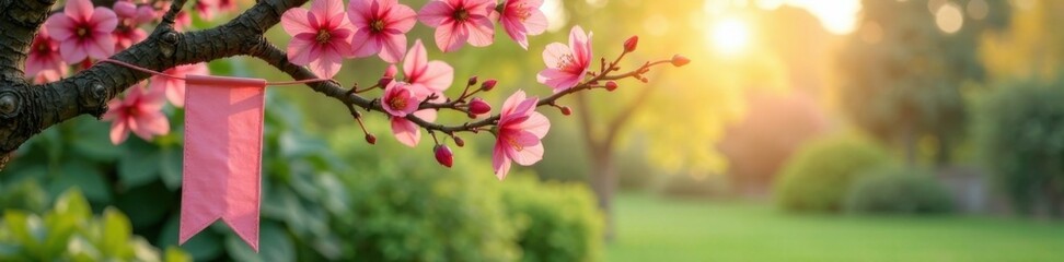Fototapeta premium Pink floral banners hanging from a tree branch in a serene garden landscape , flowers, garden