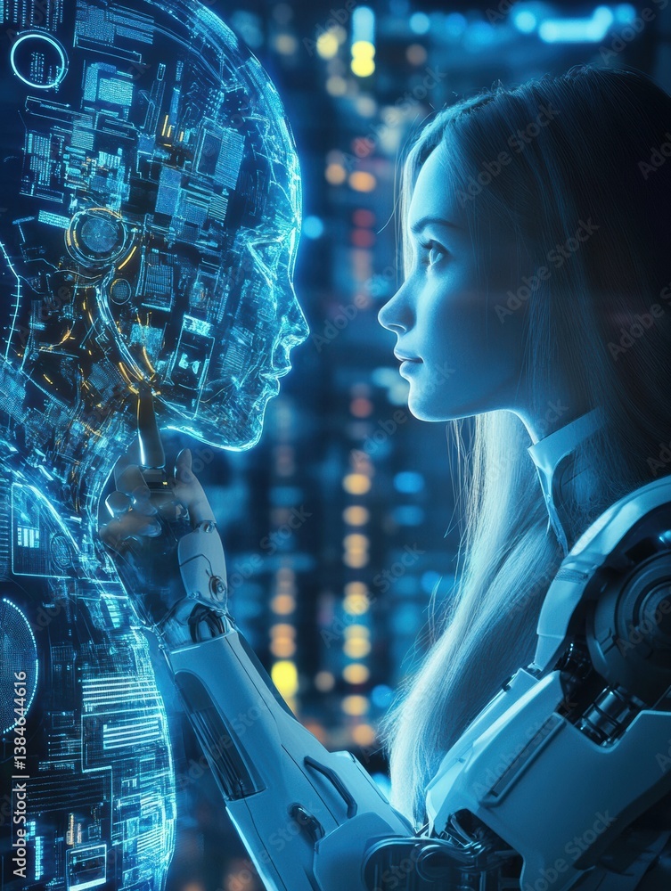 Poster robotic ai tutor engages with student in a futuristic learning environment showcasing neon-blue cybe