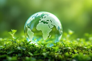 Transparent globe with world map on fresh green grass, symbolizing global environmental protection and sustainability.