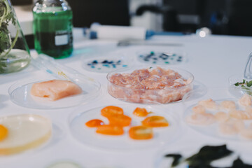 Team Asian scientists in a lab conducting food research using a microscope and lab equipment, showcasing innovation in food science and biotechnology