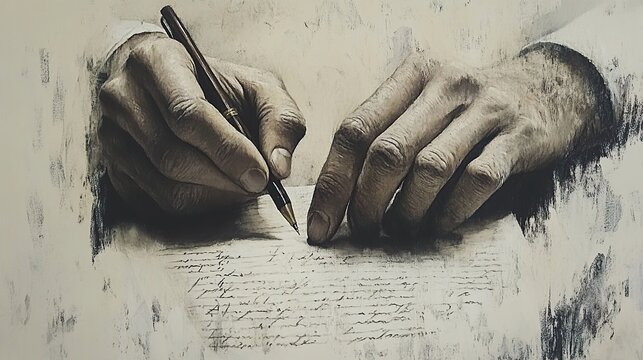 Close-up of Hands Writing a Letter: Vintage Artistic Composition