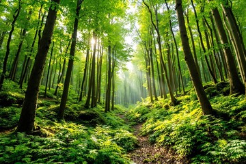 Obraz premium Serene green forest with sunlight filtering through tall trees.