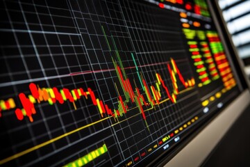 Data analysis and market trends display on stock market visualization screen in a trading environment, data processing and diagrams over stock market