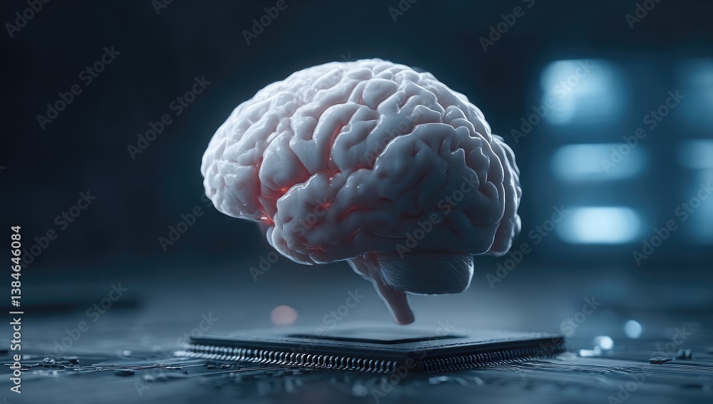 Poster human brain model above microchip: ai and neural network concept