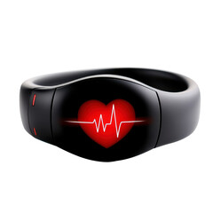 A smart fitness band displaying heart rate for health monitoring isolated against a transparent background.