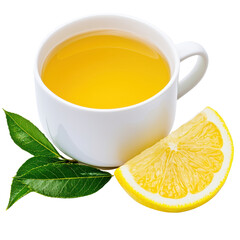 Bright lemon tea in a white cup with fresh lemon slice isolated against a transparent background.
