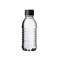 Clear plastic water bottle with black cap, isolated on white background isolated against a transparent background.