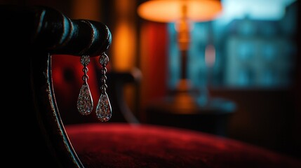Obraz premium Elegant earrings hanging from a chair in a dimly lit room with a warm lamp glowing nearby