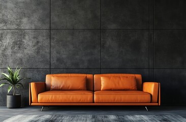 Modern living room with orange leather sofa and dark gray concrete wall