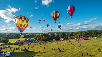 Naklejka premium A vibrant sky filled with colorful hot air balloons. People gather below to witness this stunning view. Join the celebration of flight and adventure. Generative AI