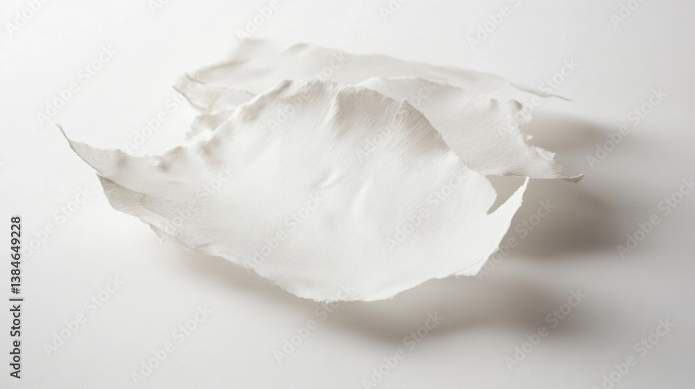 Aufkleber a crumpled piece of white paper with rough edges resting on a white surface in a studio setting