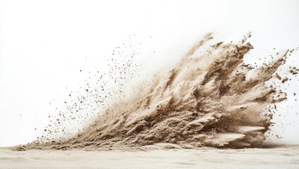 Dramatic sand explosion against a white background.  A powerful, dynamic burst of sand particles, illustrating a forceful ejection or impact