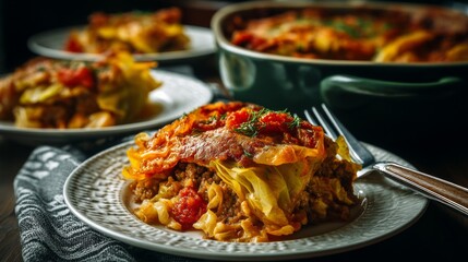 Delicious layered cabbage casserole served warm in a cozy dining setting with rustic decor