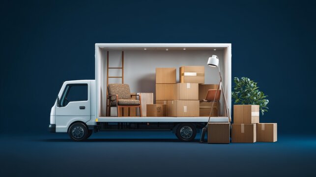 Moving truck loaded with furniture and boxes in a minimalist setting ready for relocation