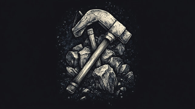 Mining industry t-shirt print mockup with vector miner pickaxe, crossed work tools and coal rocks. Underground miner super power grunge badge of custom apparel template