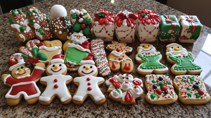 Big Christmas cookies collection with gingerbread and cookies figures of snowman, gift boxes and sock, gingerbread men, stars decorated curlicues of colored glaze isolated on white background