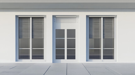 Fototapeta premium Plastic window and door with roller shutter isolated vector mockup. Realistic white windows and doors with metal rolling blinds, glass panels and PVC frame profiles, 3d design of architecture elements