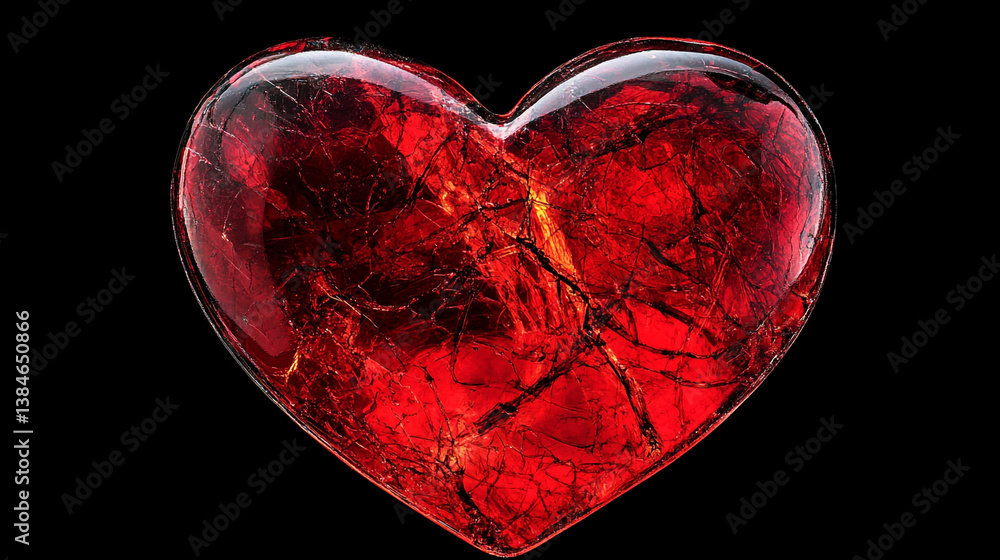 Poster a close up of a red heart shaped object with cracks on a black background in a studio shot
