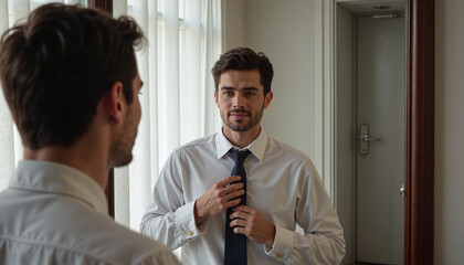 Confident man adjusting tie while getting ready in front of mirror  