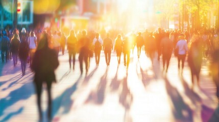 Busy city street at sunset. Crowds of people walking