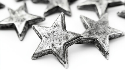 Obraz premium A close up shot of several silver star shaped objects scattered on a white surface in soft focus