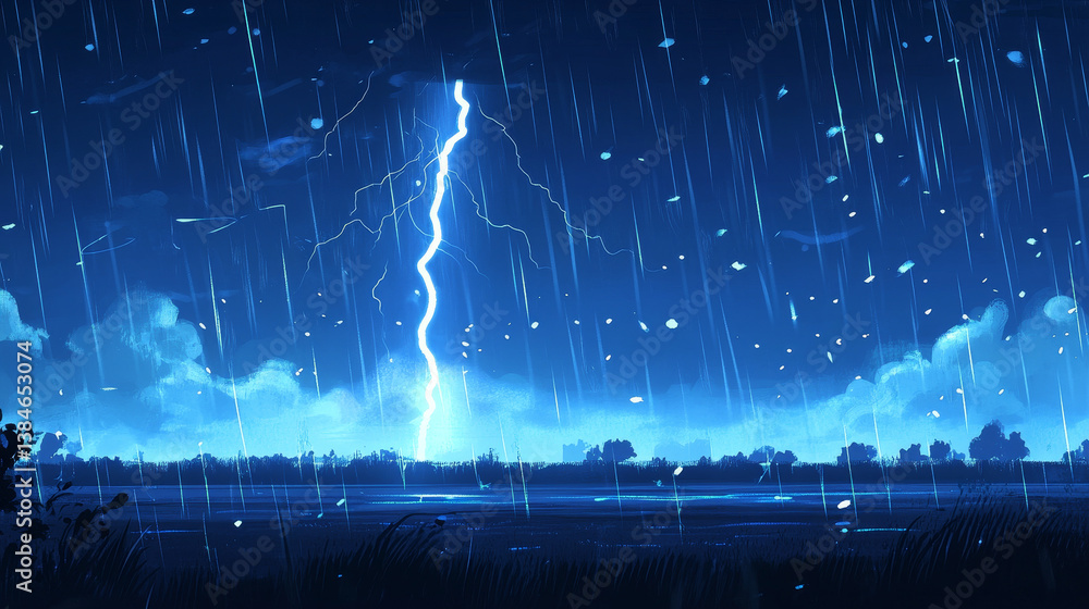 Poster lightning flash and raindrops on the transparent effect background. thunderstorm and heavy rain. rea
