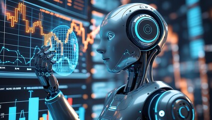Futuristic AI Robot Analyzing Data for Stock Market and Financial growths, a Robot Observing a Screen Display for share market