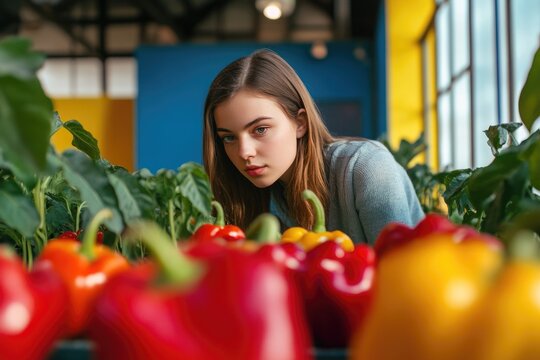 Young woman examining vibrant red and yellow bell peppers in a greenhouse.