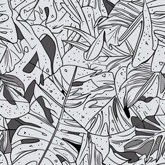 Monochrome Monstera Leaves Vector Pattern,Minimalist Tropical Background,Modern Exotic Design