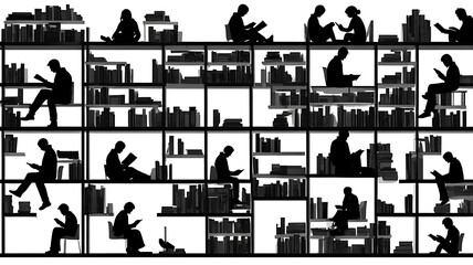 Obraz premium Enhance Your Reading Habits: Silhouette of People Engaged with Books in a Serene Home Library