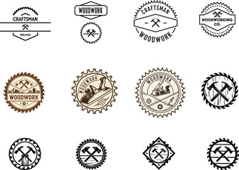 Vintage Woodworking Logos and Circular Emblems Featuring Retro Tools, Crossed Axes, Carpenter Symbols, Rustic Badges, Monochrome Icons, and Distressed Vector Illustrations