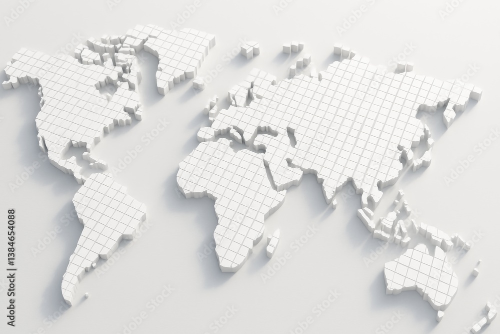 Poster global grid: a stylized, three-dimensional world map constructed with a subtle grid pattern, casting