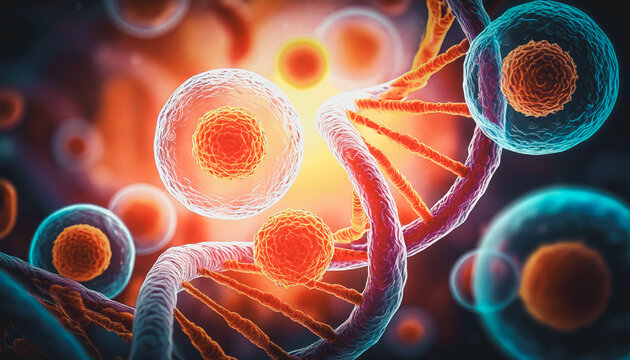 Close up of Human cell or Embryonic stem cell microscope background., with focus on the cells and virus; blurred background