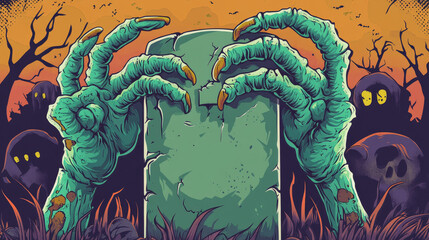 Halloween stone banner with zombie hands. Cartoon vector design with monster palms holding piece of rock. Creepy dead character green fingers with purple talons holding piece tomb or gravestone