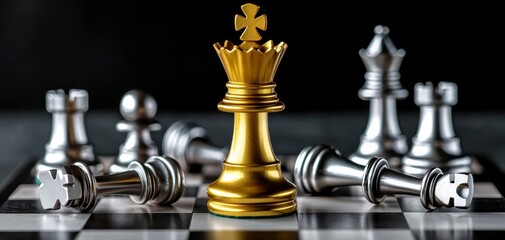 A golden chess queen stands out among silver pieces on a board.